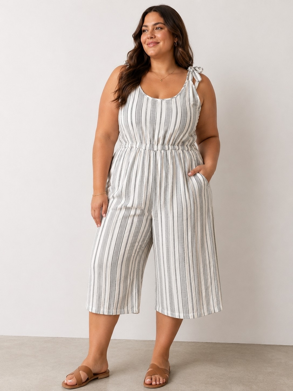 Roxy Striped Tie-Shoulder Wide-Leg Jumpsuit in Ivory and Blue Size Large L